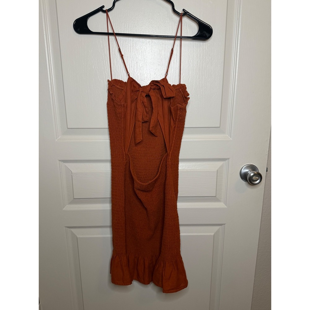 Abercrombie & Fitch M Smocked Mini Dress Boho Rust Orange Fall Back Tie Ruffles - Picture 5 of 7